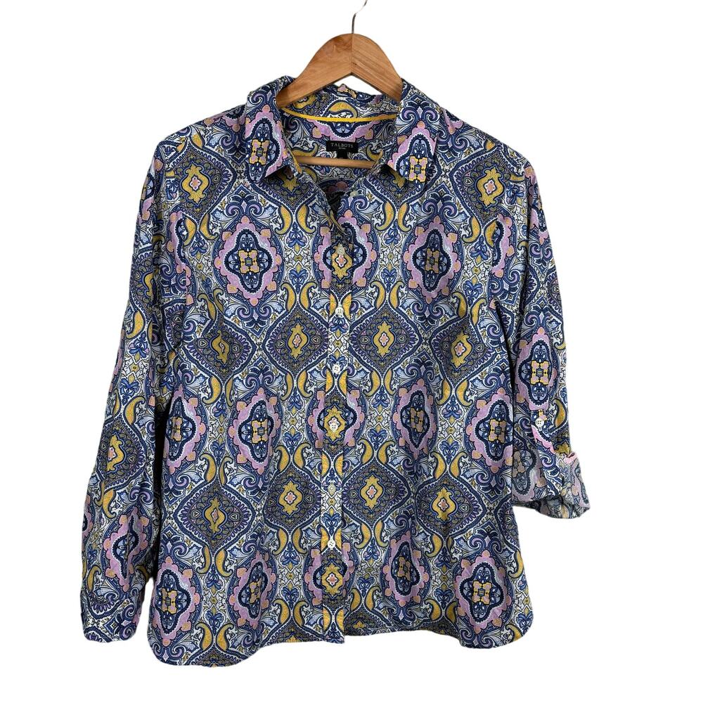 Talbots Women XL Petite Artsy Medallion Print Light Cotton Roll Tab Sleeve Shirt